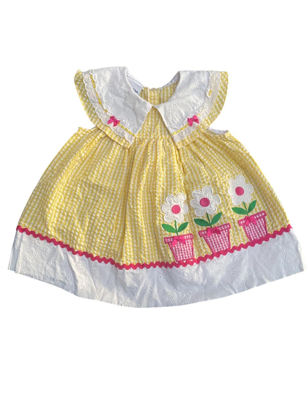 Yellow Gingham Seersucker Samara Girls' Dress with Pink Flower Appliqués Size 2T